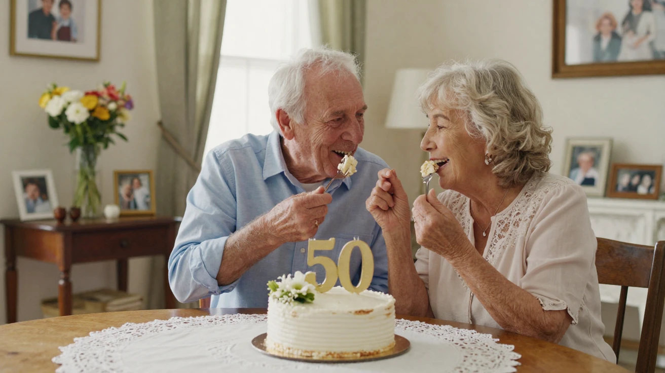 An elderly couple feeds each other bites of cake on their fiftieth anniversary.