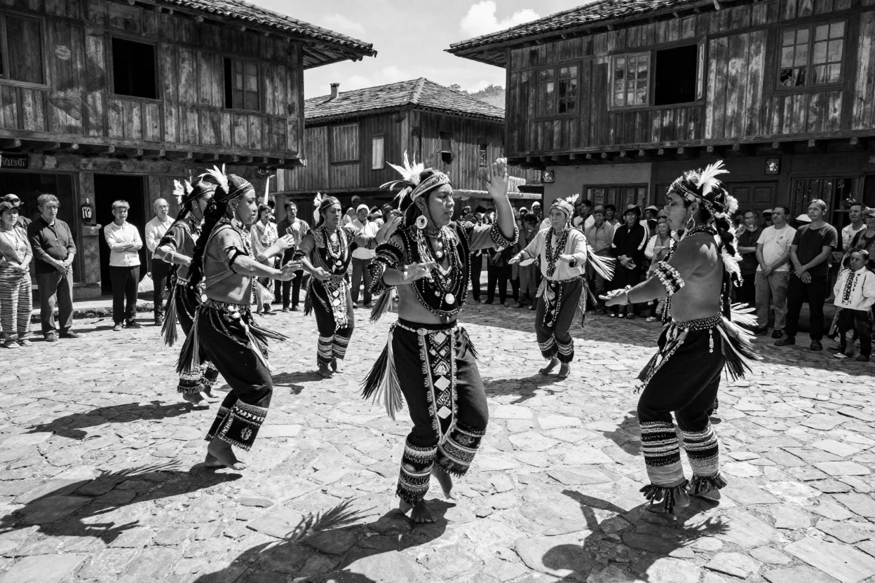 Traditional dancers perform an ancient ceremonial dance in a sunlit village square.