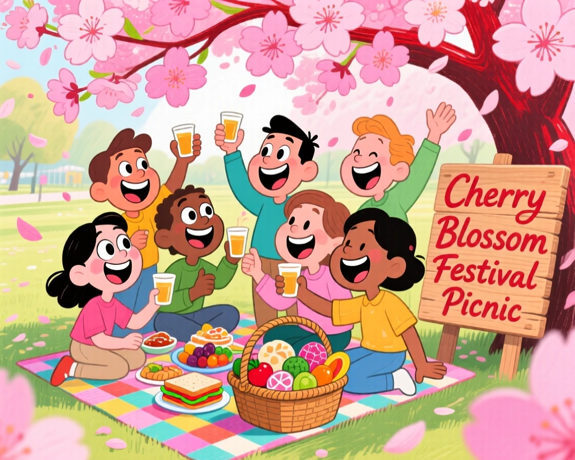 A group celebrating the Cherry Blossom Festival, having a joyful picnic beneath pink blooms.