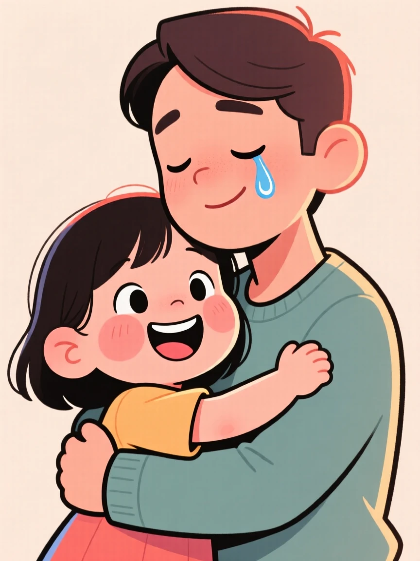 A heartwarming moment depicting a beaming little girl comforting a loved one with a warm hug, with a single joyful tear rolling down a cheek.