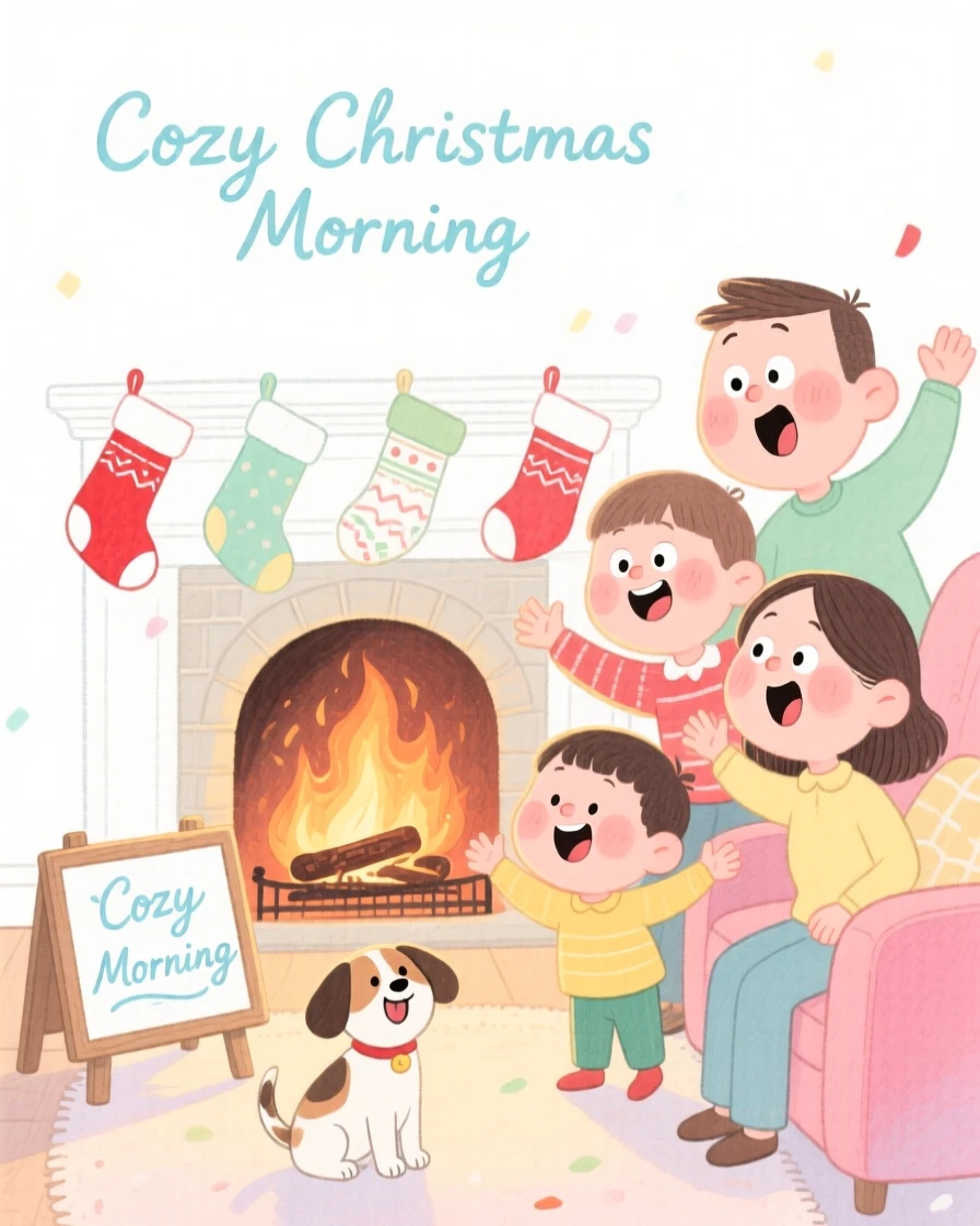 A joyful celebration scene of a cozy Christmas morning with stockings by a crackling fireplace, radiating cozy holiday cheer