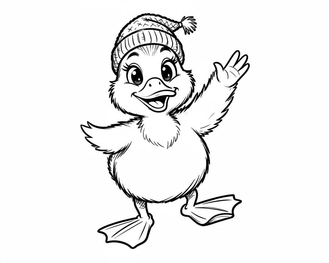 [Cute Animals & Pets] Adorable scene of a spirited duckling wearing a tiny knitted hat, bursting with charm and playful energy