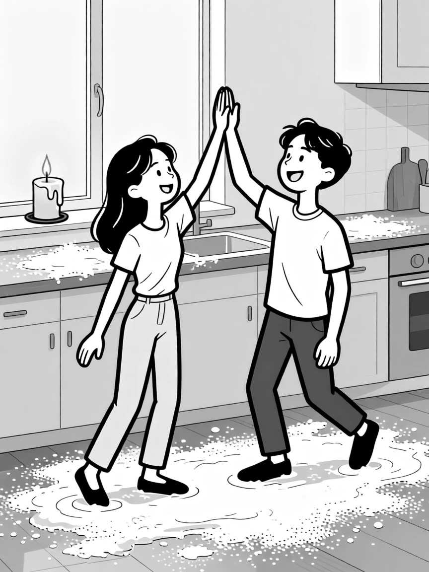 Two partners high-fiving after finally parallel parking, leaping into an exuberant double high-five, set in a kitchen dusted white with flour. A half-melted candle flickers on the windowsill. The scene feels like a love story told through small moments.