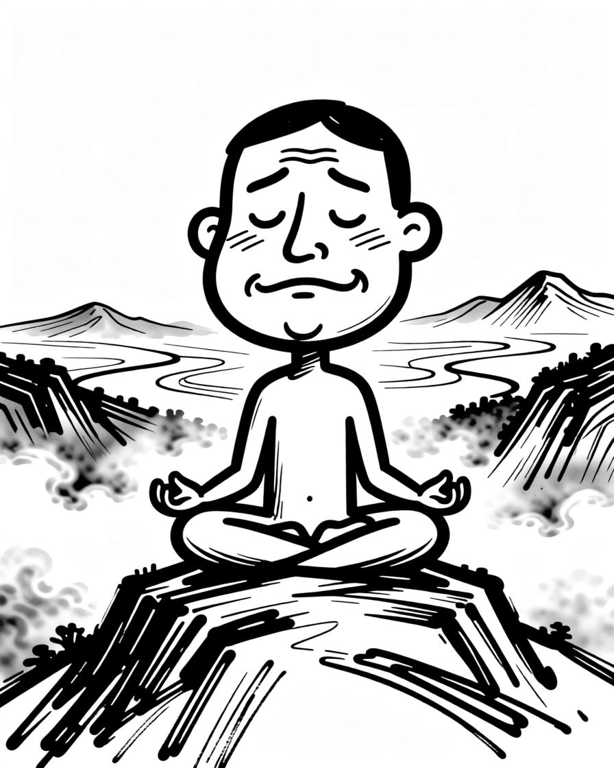 A person meditating cross-legged on a mountaintop overlooking misty valleys.