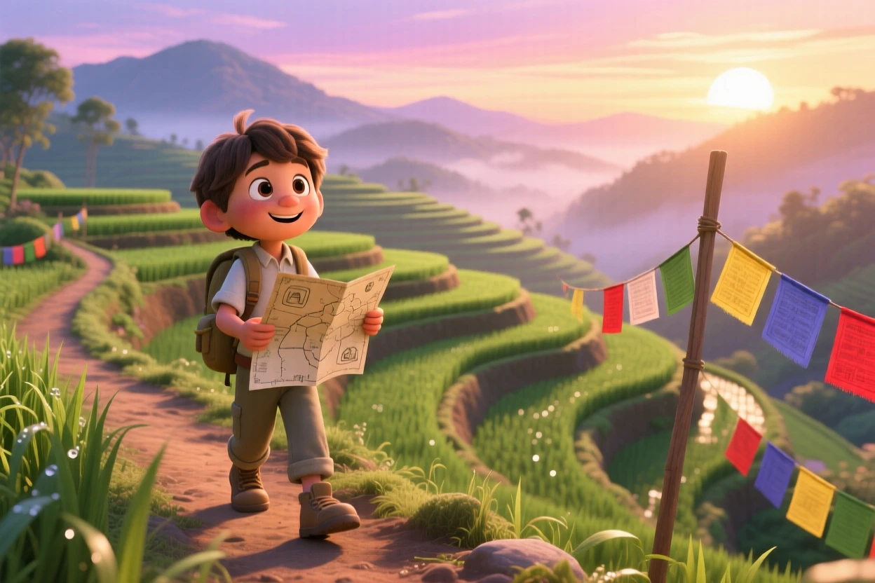 A young explorer with a map in hand stands overlooking a terraced rice field at sunrise, walking slowly along the quiet path. A quiet excitement for discovery lingers in the air, with colorful flags fluttering nearby.