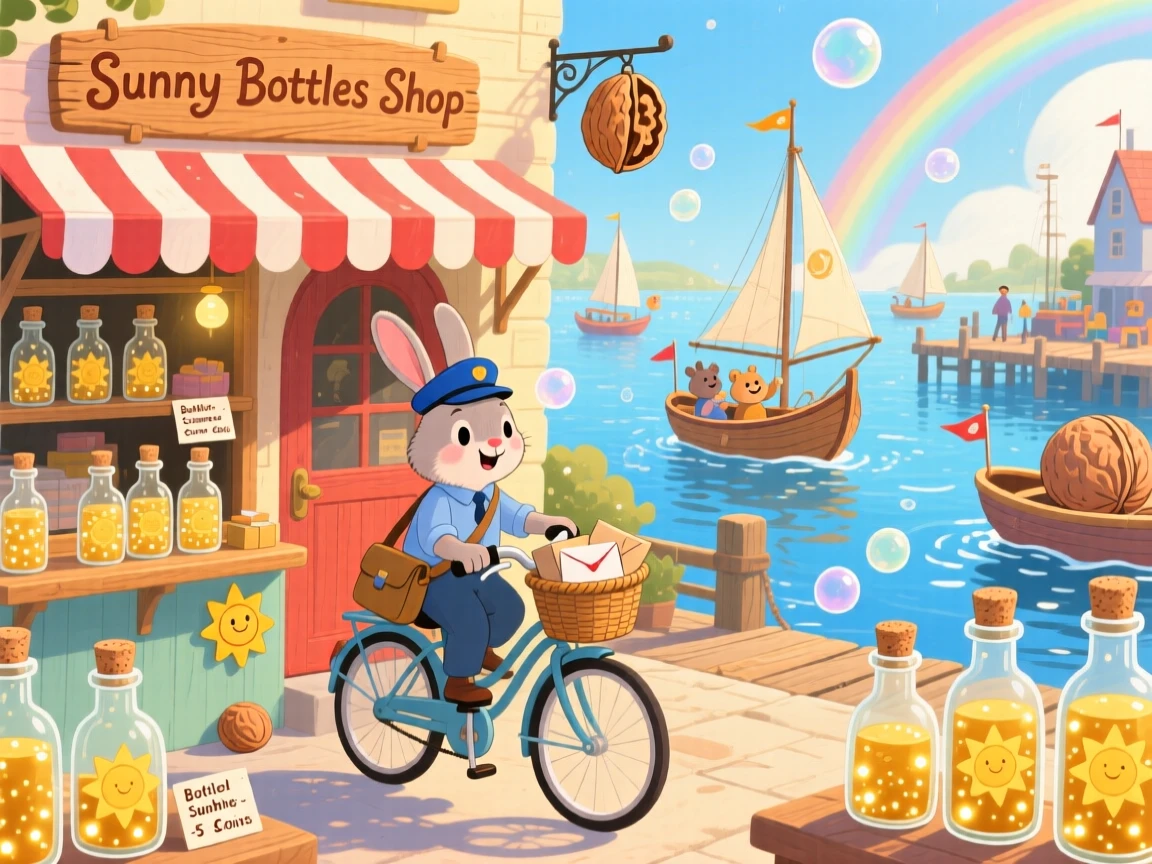 In a bustling harbor for walnut-shell boats, a rabbit postman on a bicycle spends the day keeping a shop that sells bottled sunshine, as tiny bubbles drift lazily by.