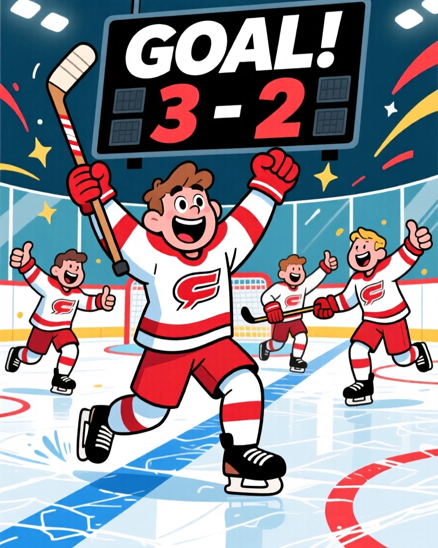A hockey player celebrating a goal with teammates on the ice.