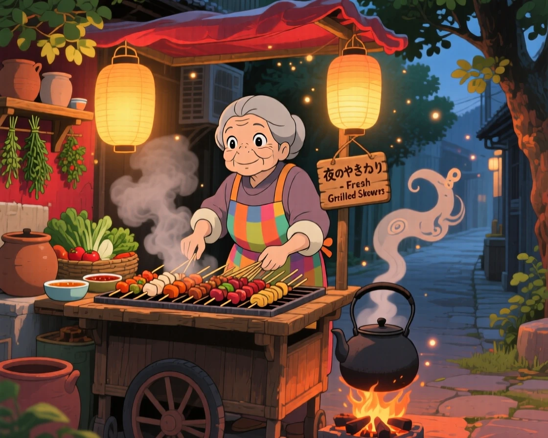 A warm, inviting scene of a street vendor grilling skewers under warm lantern light, surrounded by the comforting clutter of a well-loved kitchen.