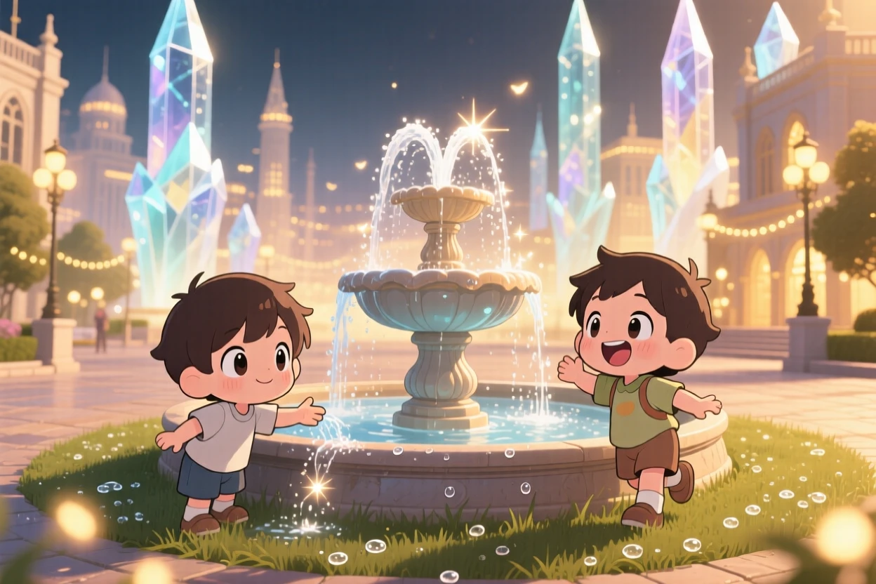 Extreme close-up of children, playing near a fountain in a crystal-spired city, in a glowing magical city plaza, as morning dew glistens on the grass, illuminated by warm fairy-light glow, radiating peaceful calm.