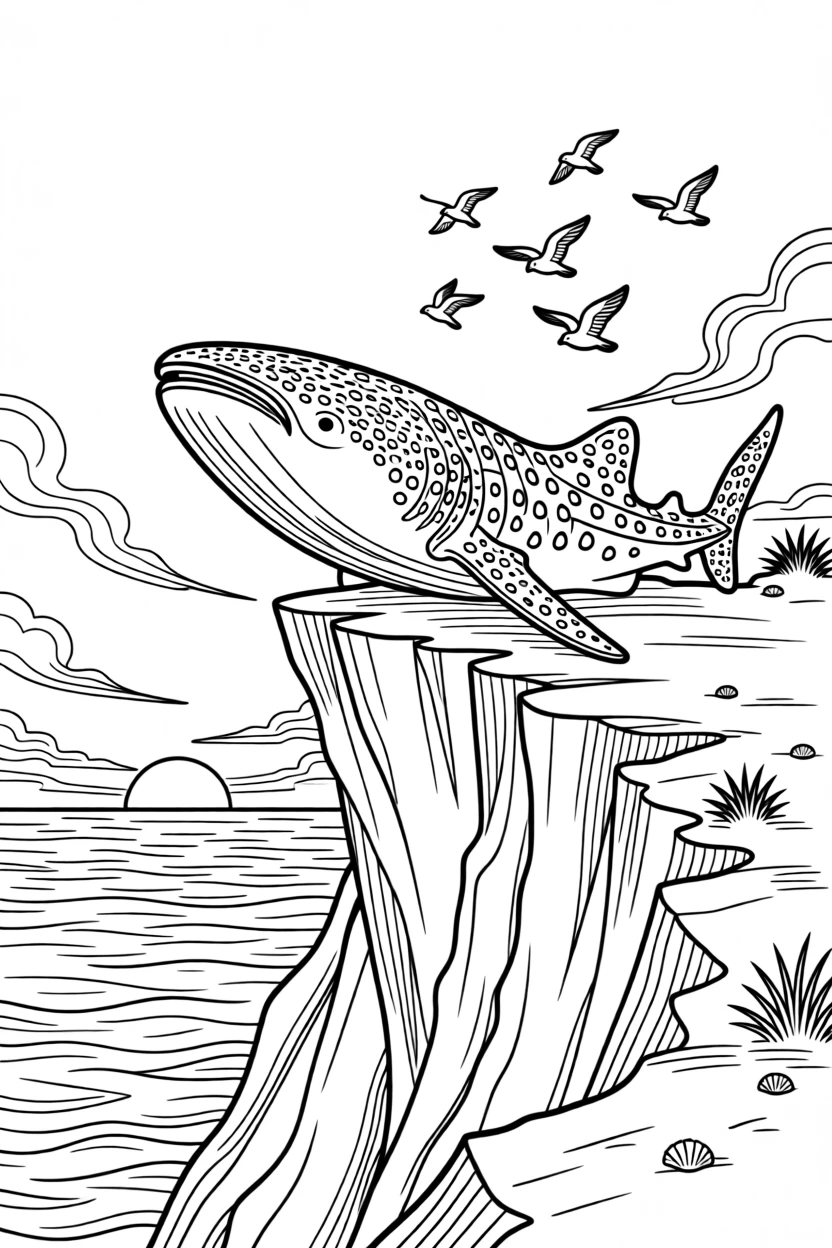 A whale shark perched on a jagged cliff at sunset, with a flock of small birds scattering nearby.