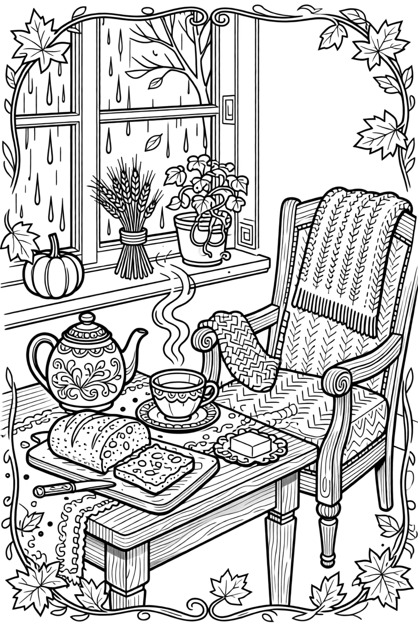 A cozy autumn tea and pumpkin bread scene beside a rain-streaked window.