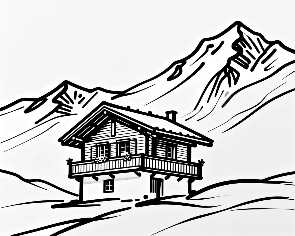 A traditional Swiss chalet nestled among snow-capped alpine peaks.