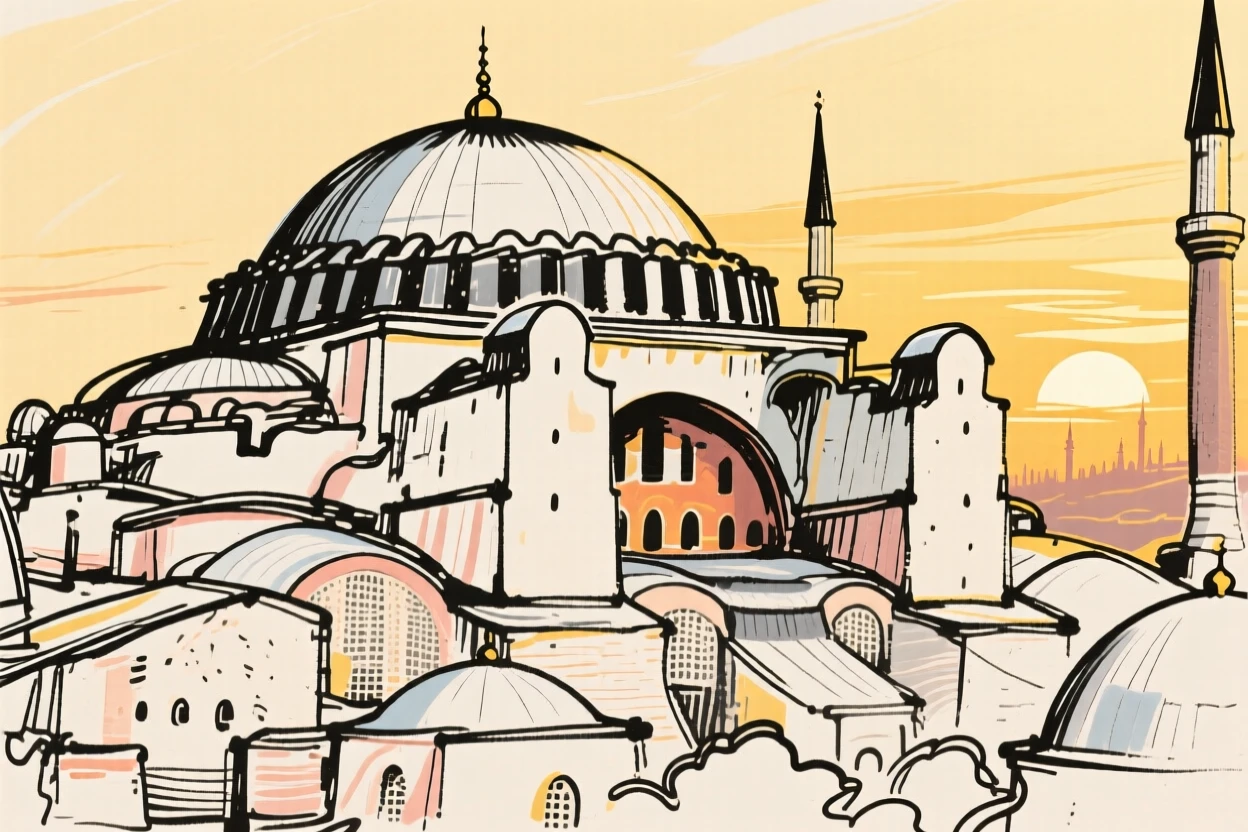 The Hagia Sophia's domes glowing beneath a golden Istanbul sunset.