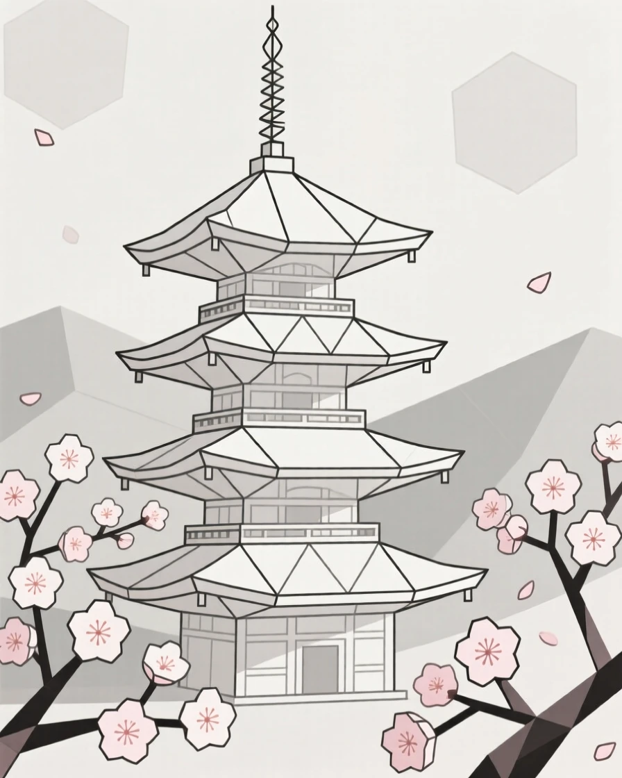 A traditional Japanese pagoda surrounded by cherry blossoms