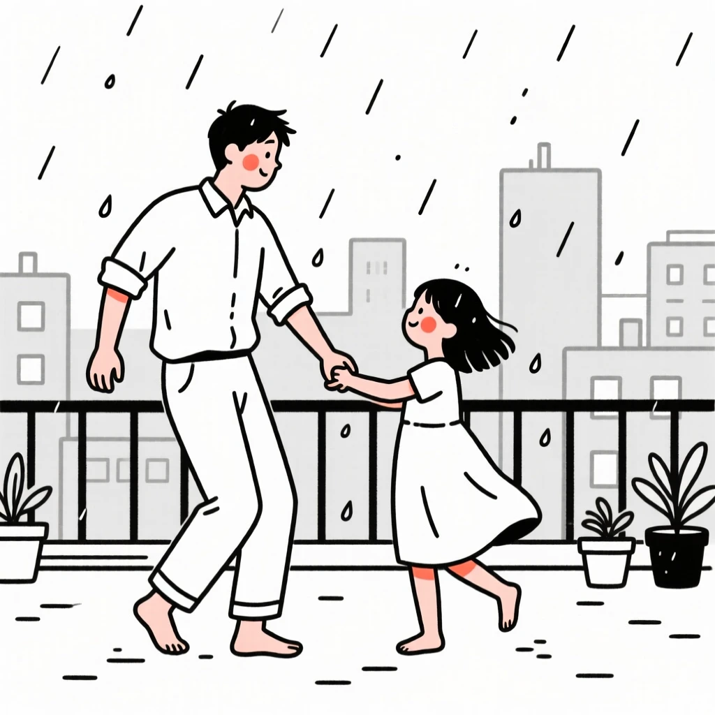 A father and daughter dancing barefoot in the rain, on a rooftop overlooking the city.