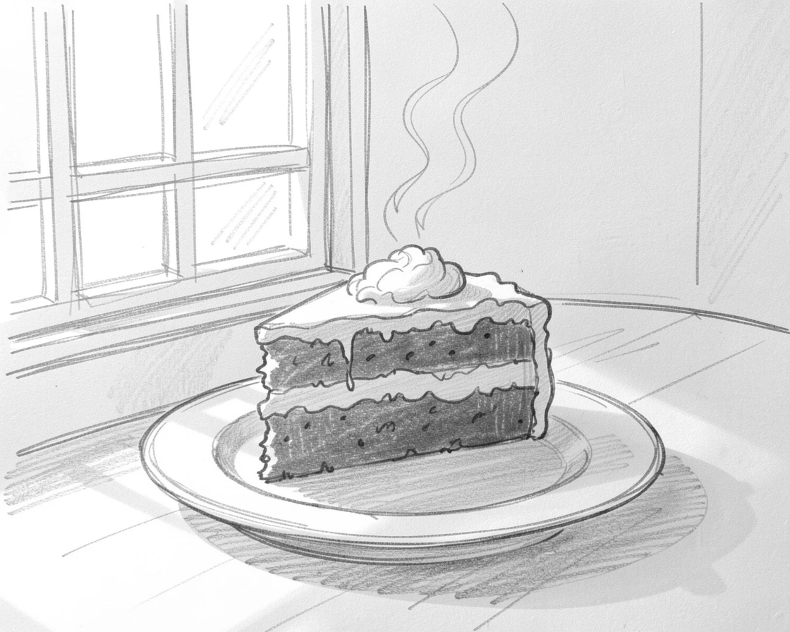 A slice of decadent chocolate cake beside a sunlit kitchen window, with steam rising gently into the light.