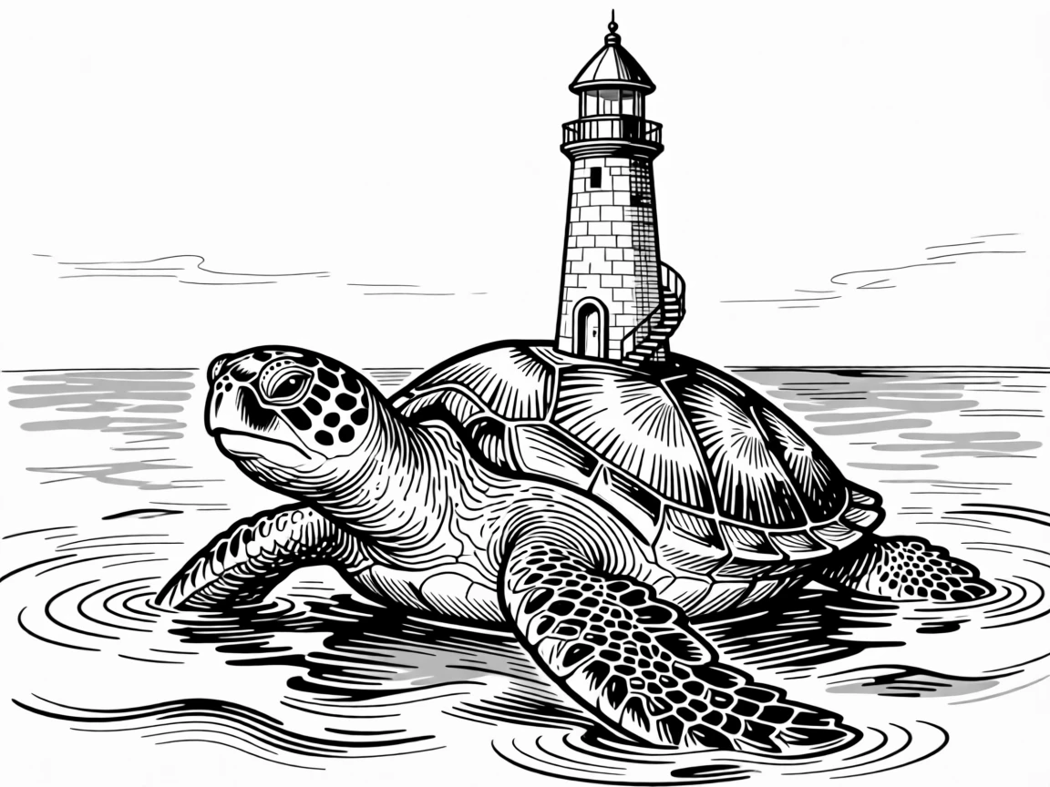 A giant friendly sea turtle carrying a lighthouse on its back through calm waters.