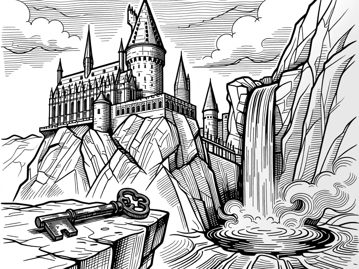 A castle built into the side of a mountain beside a waterfall that flows upward, with an old iron key resting on a stone ledge, forming a richly imaginative fantasy scene.