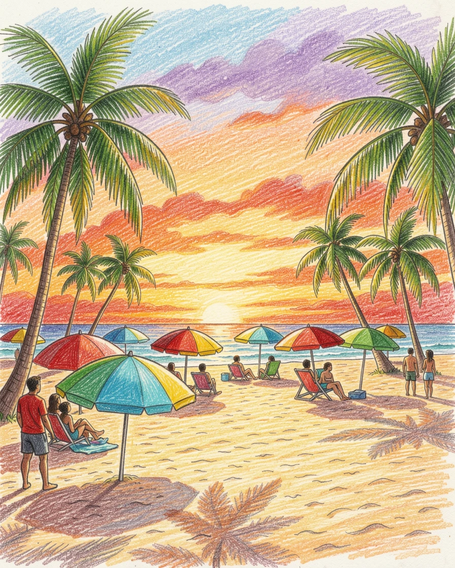 A Brazilian beach at sunset with colorful umbrellas and palm trees, with rich, inviting textures throughout the scene, celebrating a moment people would love to revisit.