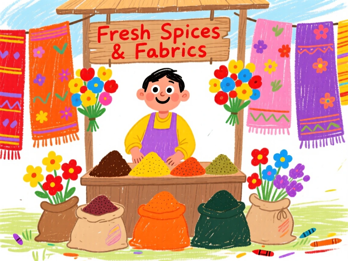 A spice market vendor surrounded by vibrant fabric and flowers.