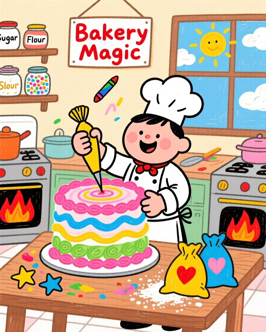A chef decorating a cake in a busy bakery kitchen.