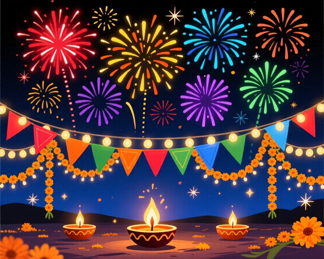 A colorful Diwali fireworks display lighting up the night sky, decorated with warm string lights and colorful banners, arranged with cheerful details filling every corner, with warm twinkling lights adding a magical sparkle.