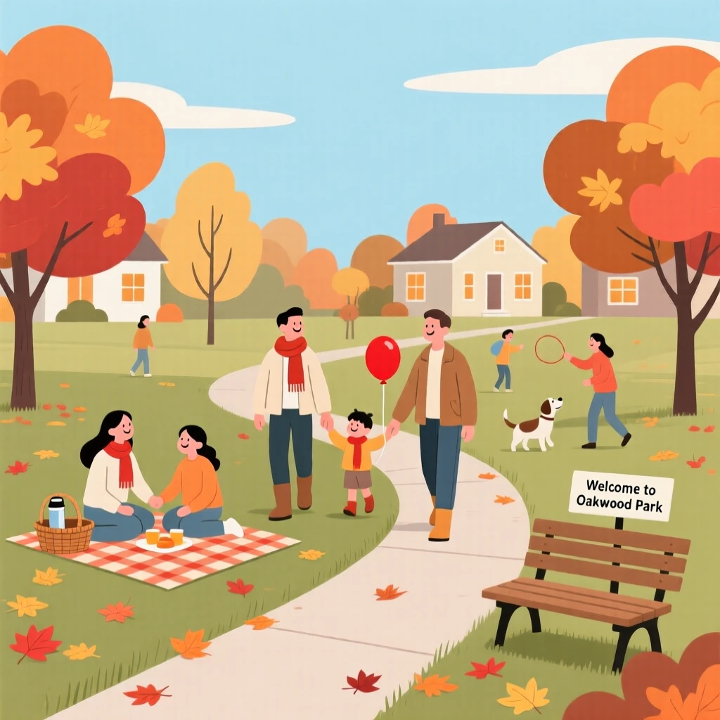 An autumn scene of families gathering in a quiet suburban park.