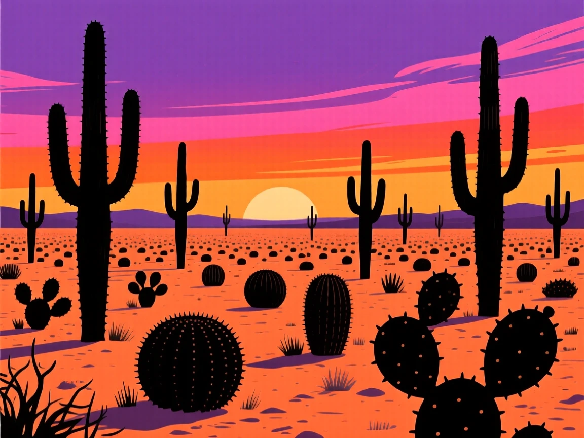 A wide field of cactus silhouettes stretching across a desert plain.