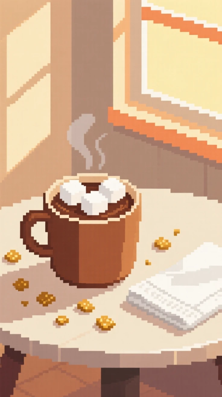 A cup of hot cocoa with marshmallows surrounded by scattered crumbs and a napkin, in a sunlit breakfast nook.