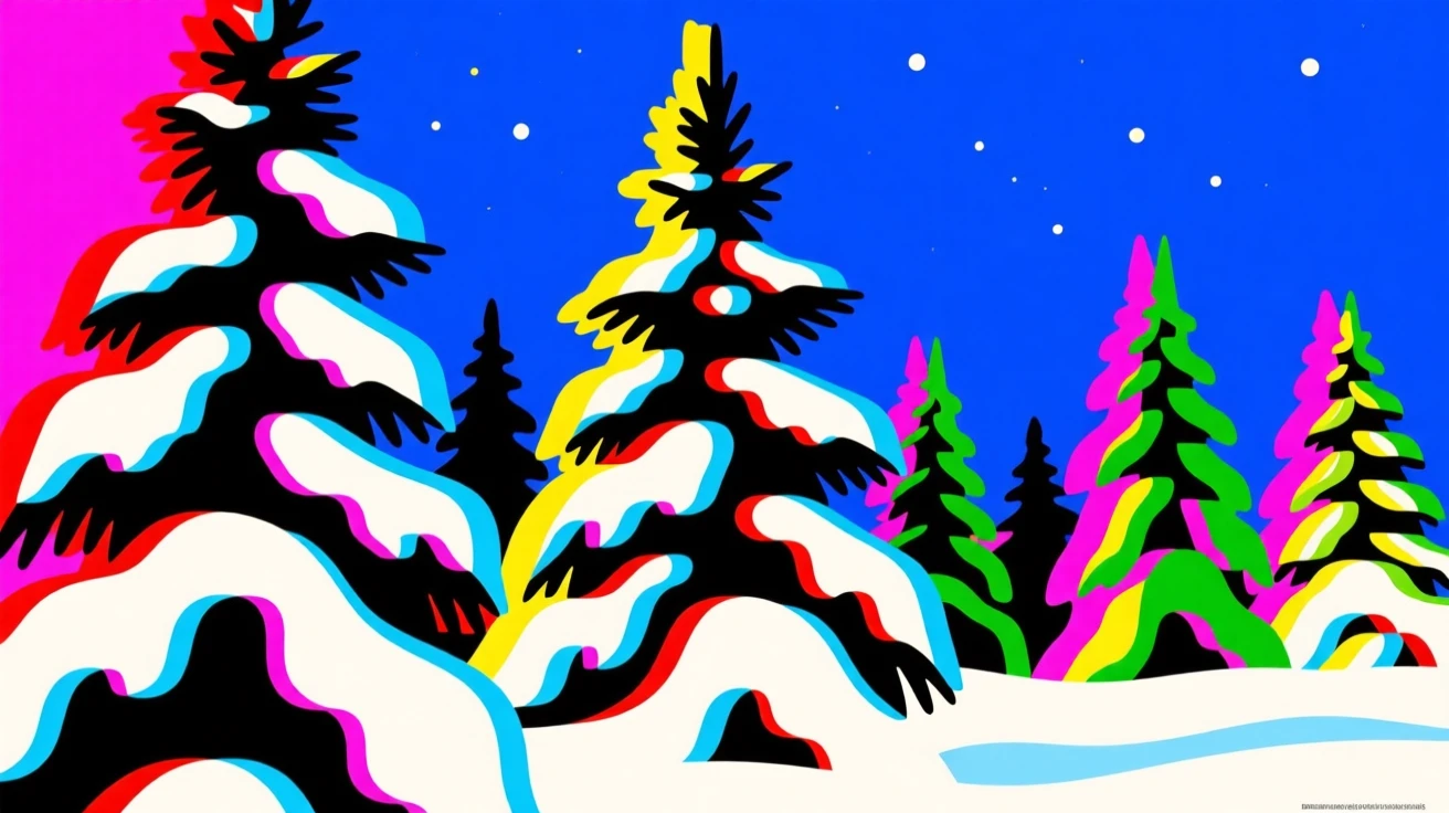 Winter snow-covered pine trees glowing at night