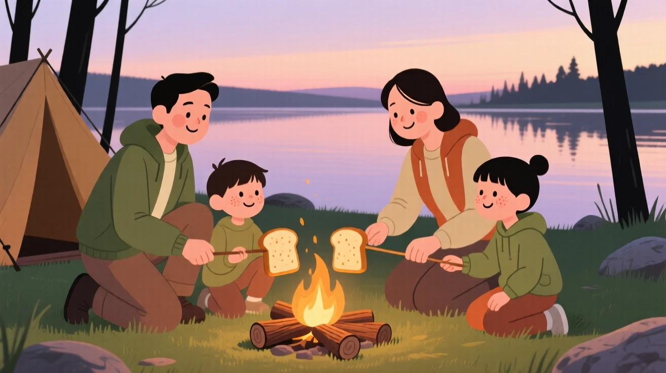 A family sets up camp beside a quiet lake as the evening glow fades behind the tree line, toasting bread on sticks around a small fire.