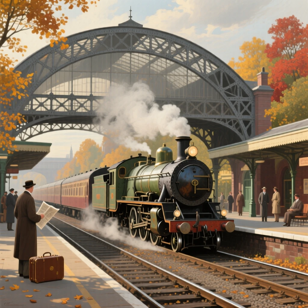 A panoramic view of a steam train pulling into a station beneath a soaring iron archway, in the 1930s, in mid-autumn.