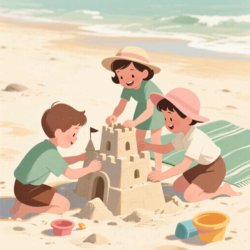 Children building a sandcastle on a sunny beach