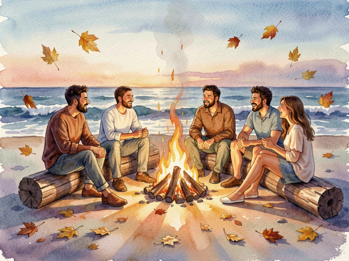 A summer beach bonfire with friends gathered around as golden autumn leaves drift in the breeze.