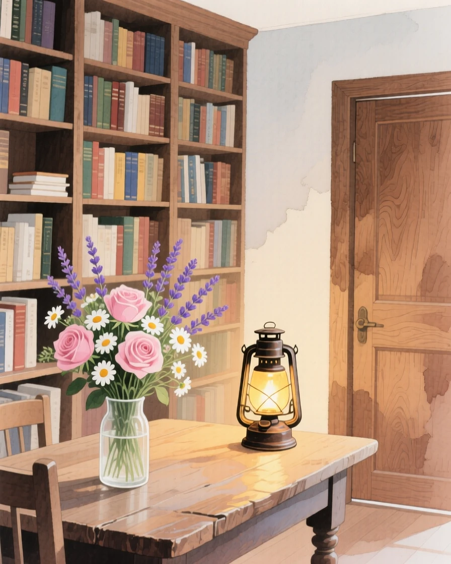 A charming view of a book-lined study, with fresh flowers arranged on the table, featuring a lantern glowing beside the door