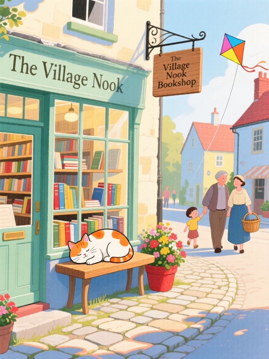 A small bookshop with a sleeping cat in the window, bustling gently with everyday village life.