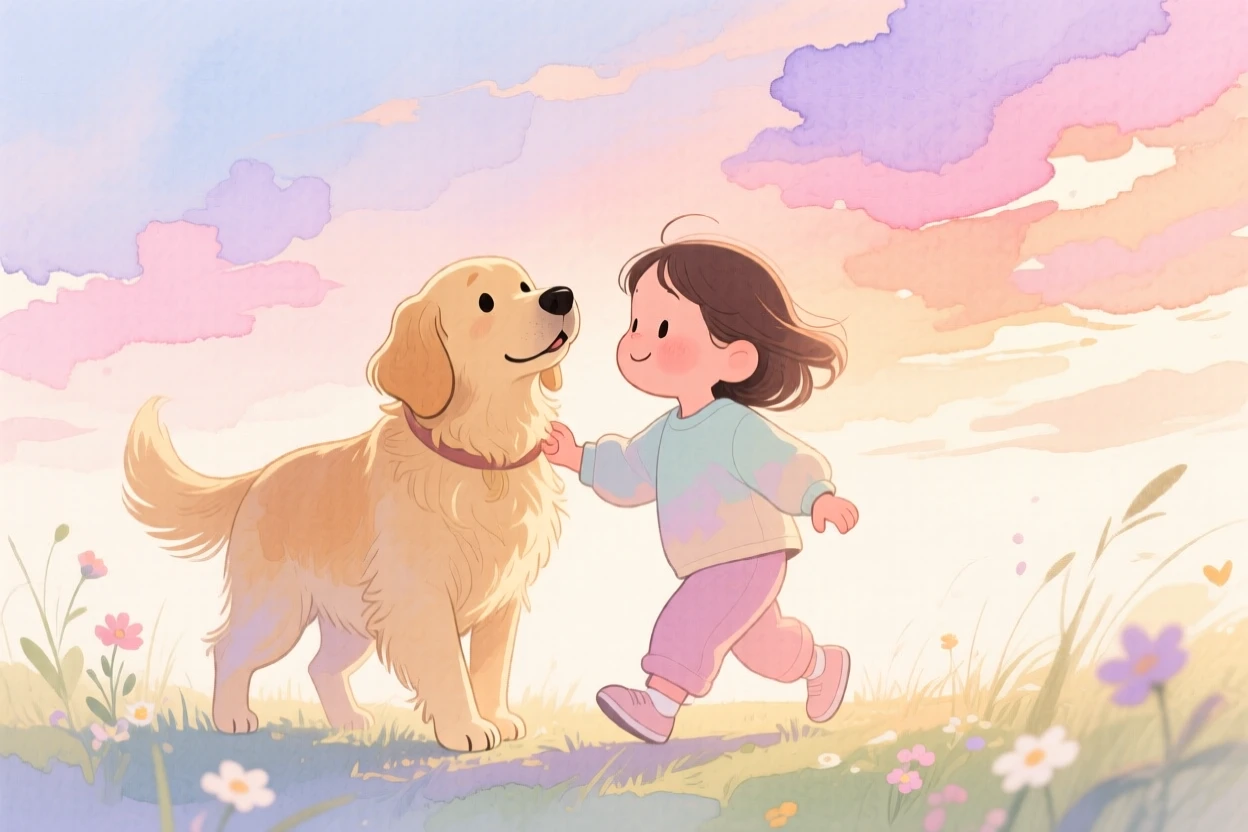 A child learning to walk again, supported by a loving therapy dog by her side, under a sky painted with the soft colors of sunset, radiating kindness, hope, and heartfelt emotion.
