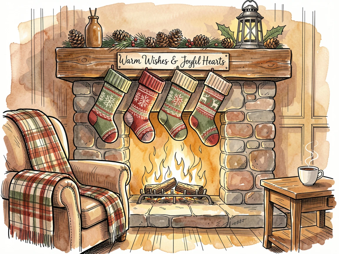 A cozy winter evening with stockings hung and a fire crackling softly, the mood cozy, joyful, and full of seasonal spirit.