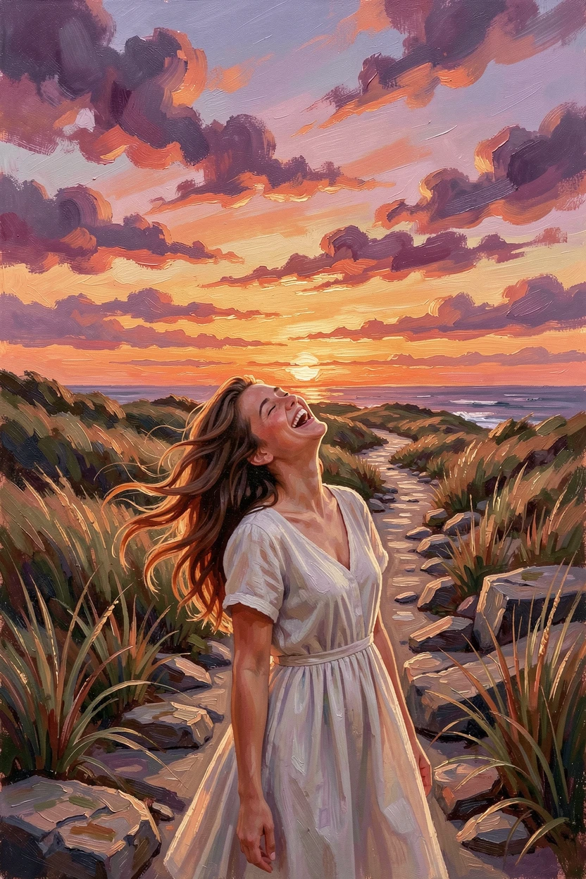 Along a windswept coastal path, a young woman laughing joyfully with her head tilted back, a quiet moment of reflection, at sunset, colors deepening across the sky.