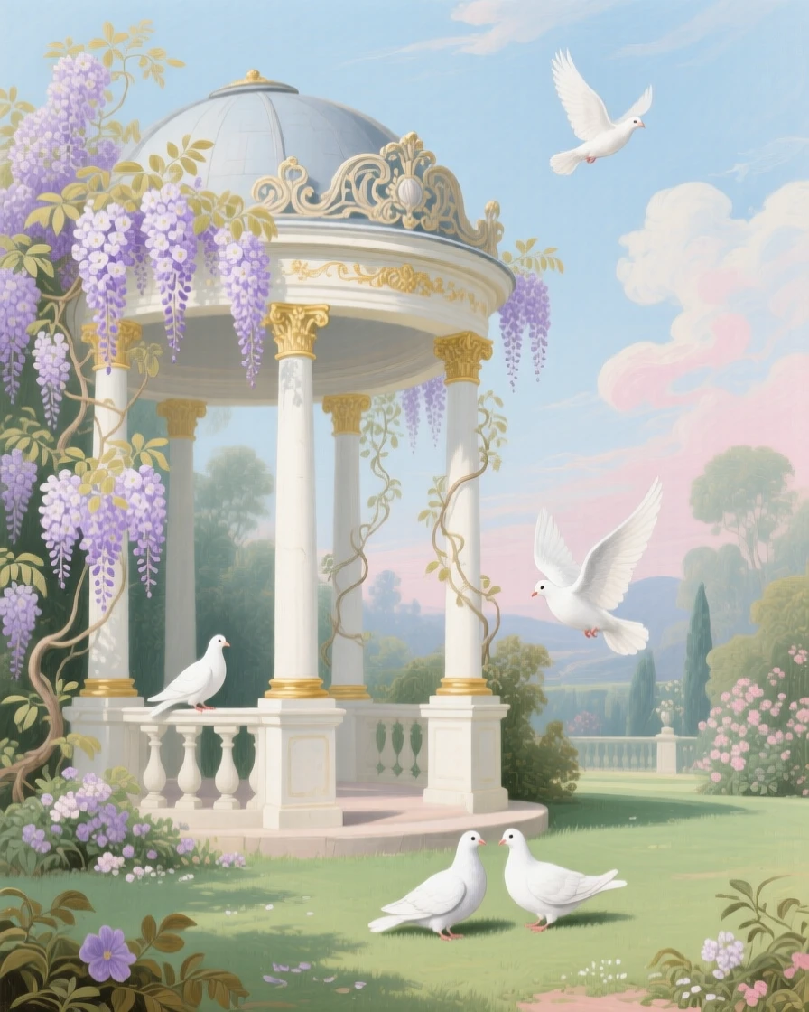 A garden pavilion surrounded by cascading wisteria and white doves  