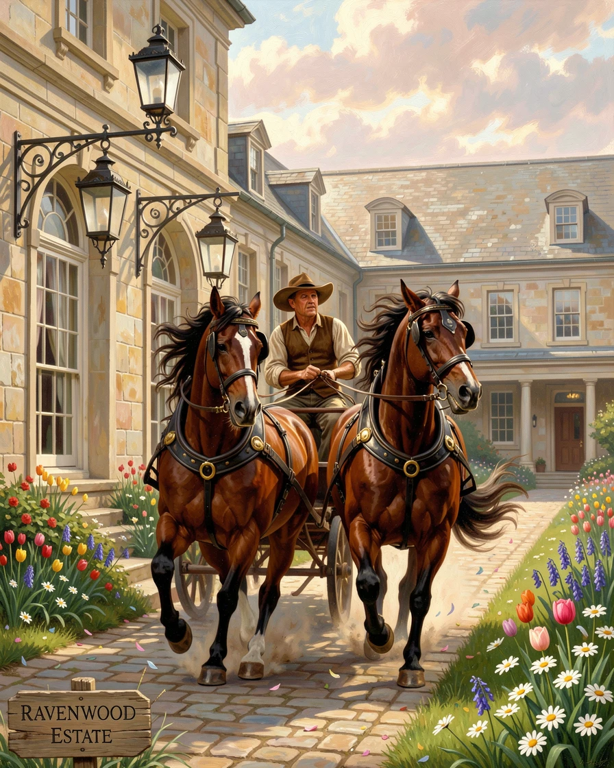 A farmer and his draft horses gallops along a cobblestone courtyard of a grand estate as spring flowers bloom nearby.