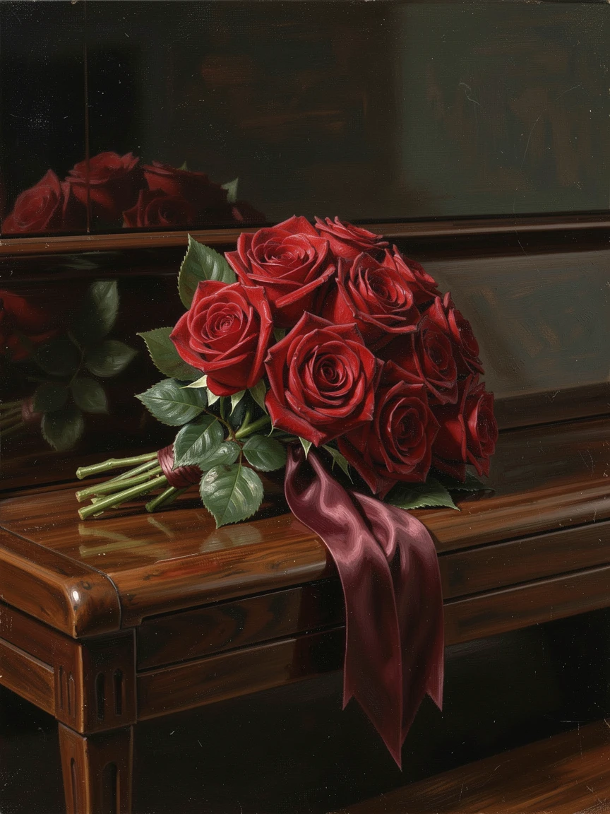 A bouquet of red roses tied with ribbon resting on a piano bench, as reflections shimmer subtly across polished surfaces, evoking elegance, refinement, and quiet luxury