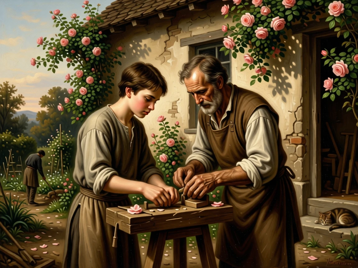 A young apprentice learning the trade from a patient craftsman in a small, quiet moment made luminous and lasting, set beside a rustic cottage framed by climbing roses, with worn hands, simple clothing, and the honest textures of daily labor; background activity adds gentle life without distracting from the center, radiating simple contentment and honest labor.