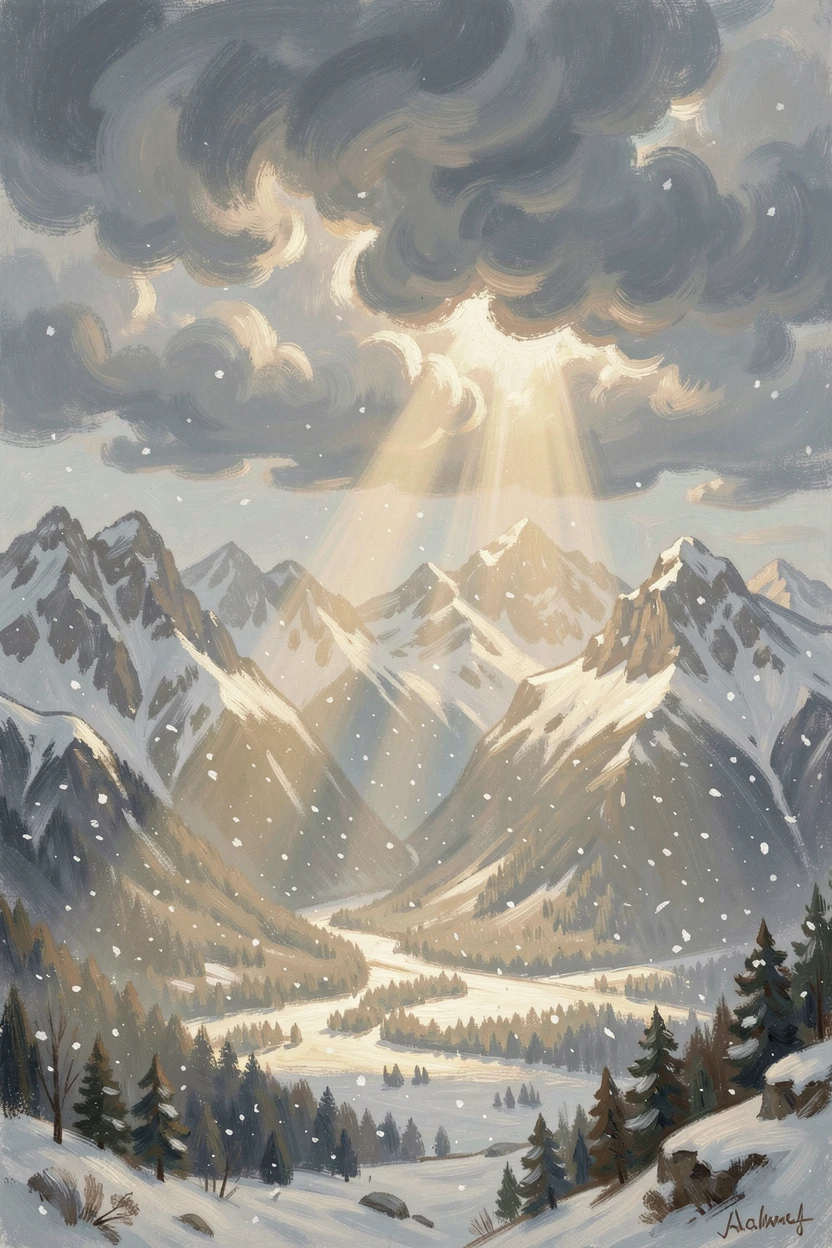 A dramatic sunbeam breaking through storm clouds over a rugged mountain range, illuminating a single valley below, amid a gentle winter snowfall, capturing a moment of quiet intimacy.