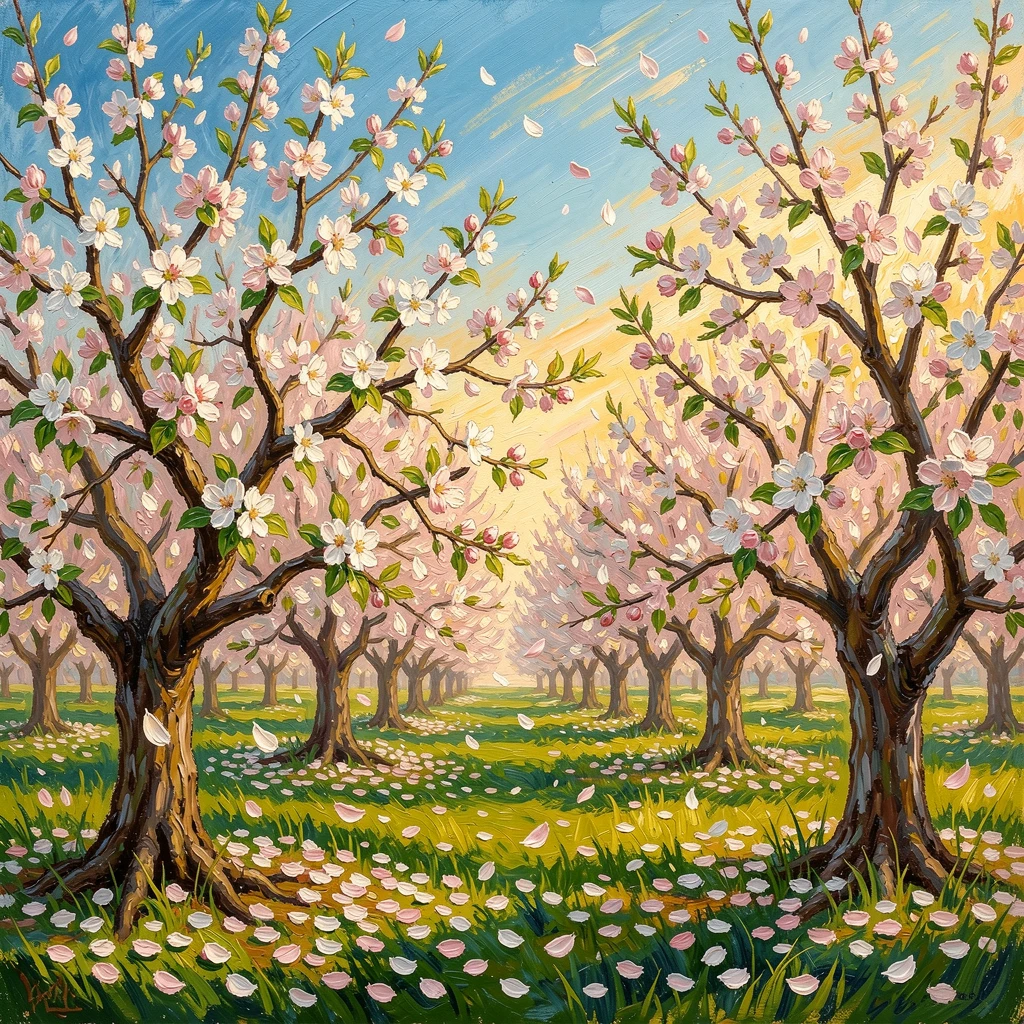 A springtime orchard with blossoming apple trees dropping petals like snow.
