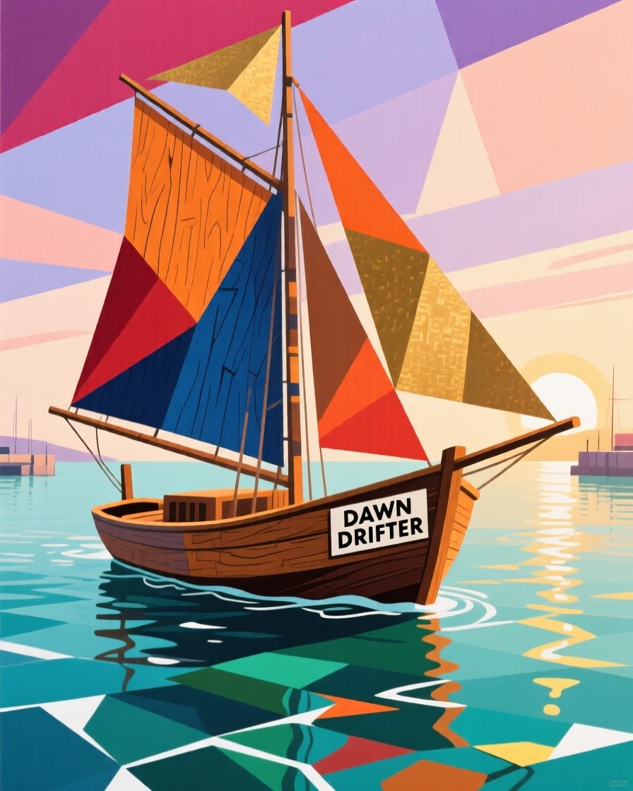 A wooden sailboat drifting peacefully across a calm harbor at sunrise.