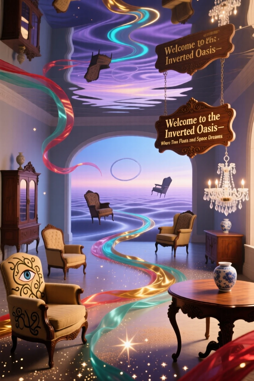 A room where furniture floats gently in slow, looping orbits stretches into a horizon that never quite arrives, while dust drifts upward instead of settling down.