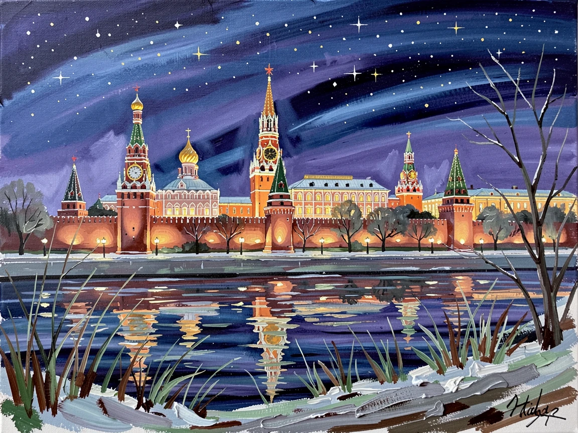 A dramatic nighttime view of Moscow shows the Kremlin's illuminated towers reflected in the Moskva River beneath a star-filled winter sky, as a light breeze stirs the surrounding vegetation and carries the scent of damp earth.