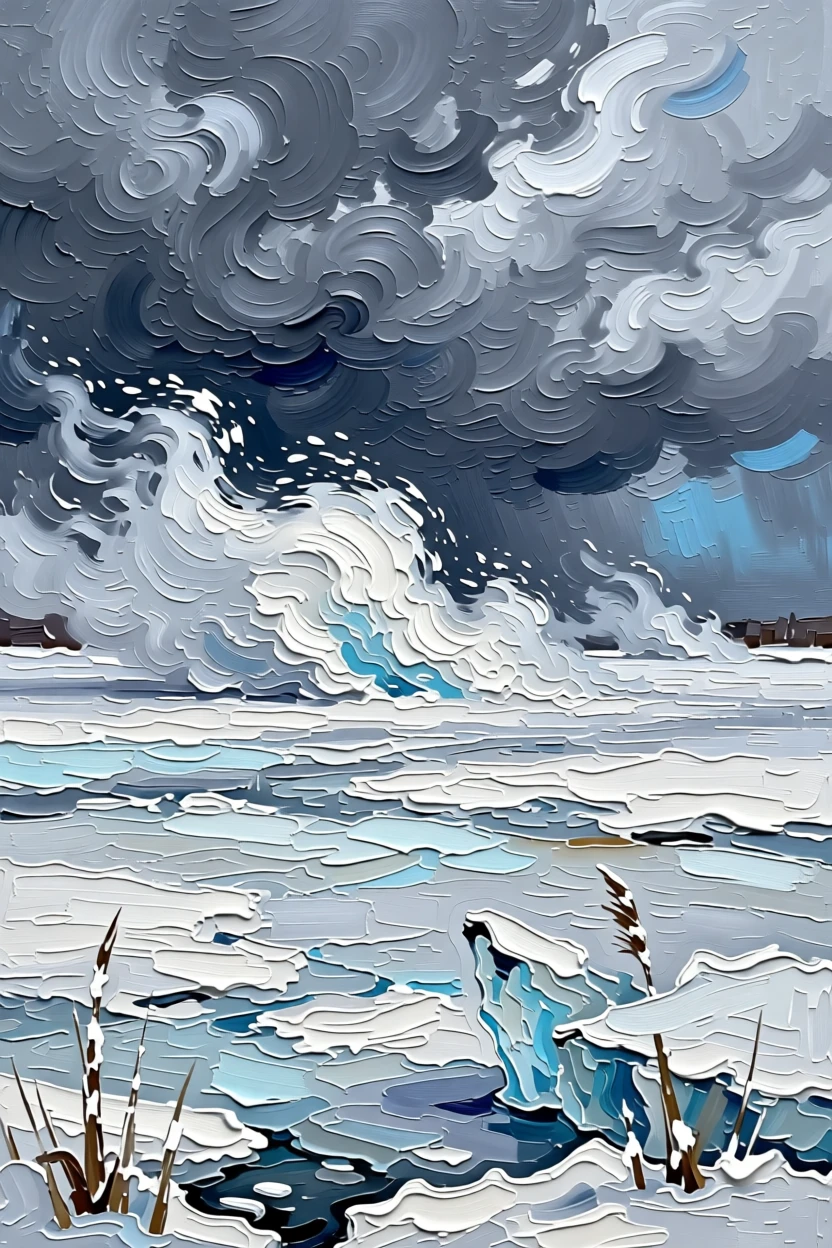 Snow squalls sweeping across a frozen lake beneath a heavy grey winter sky