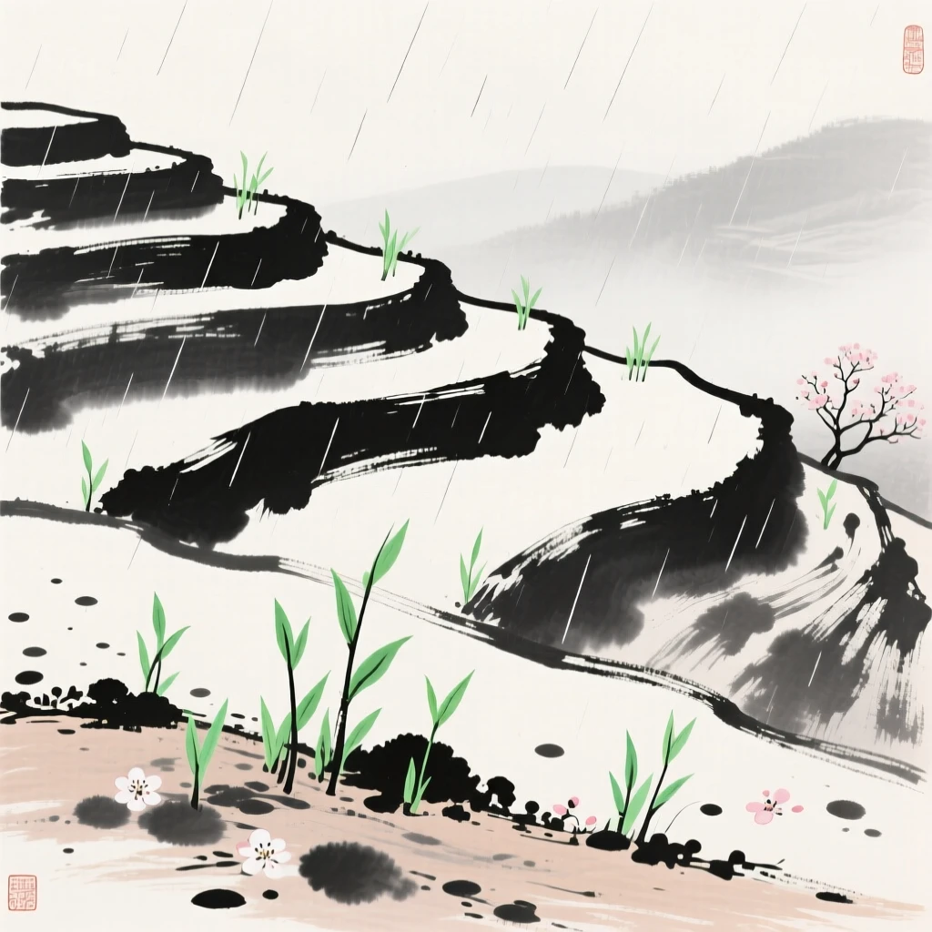 New green shoots emerge across a terraced hillside after the first spring rain, as a gentle breeze carries the scent of blossoms.